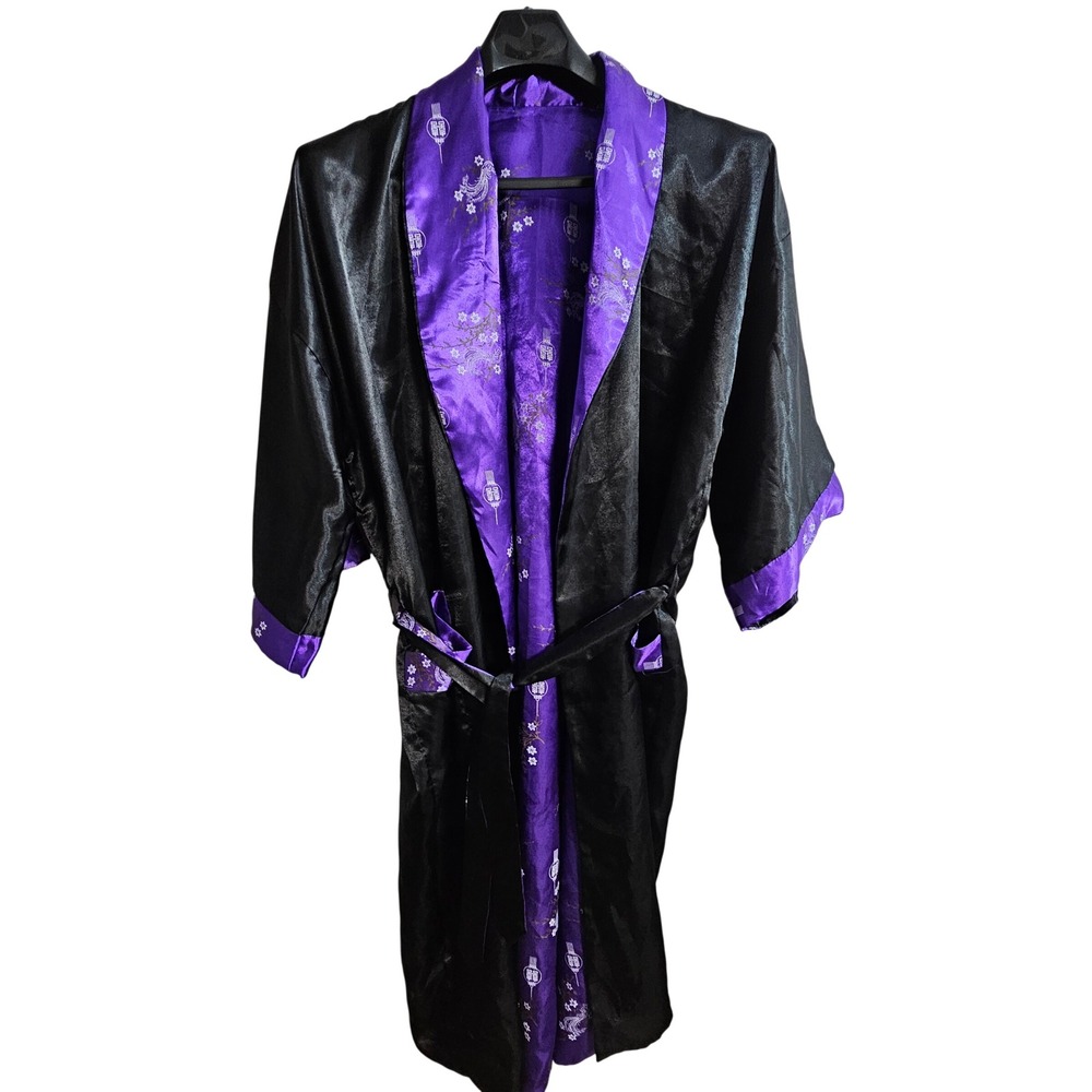 Unbranded Vintage Kimono Robe Black Purple Gold Dragon Embroidered Satin OS